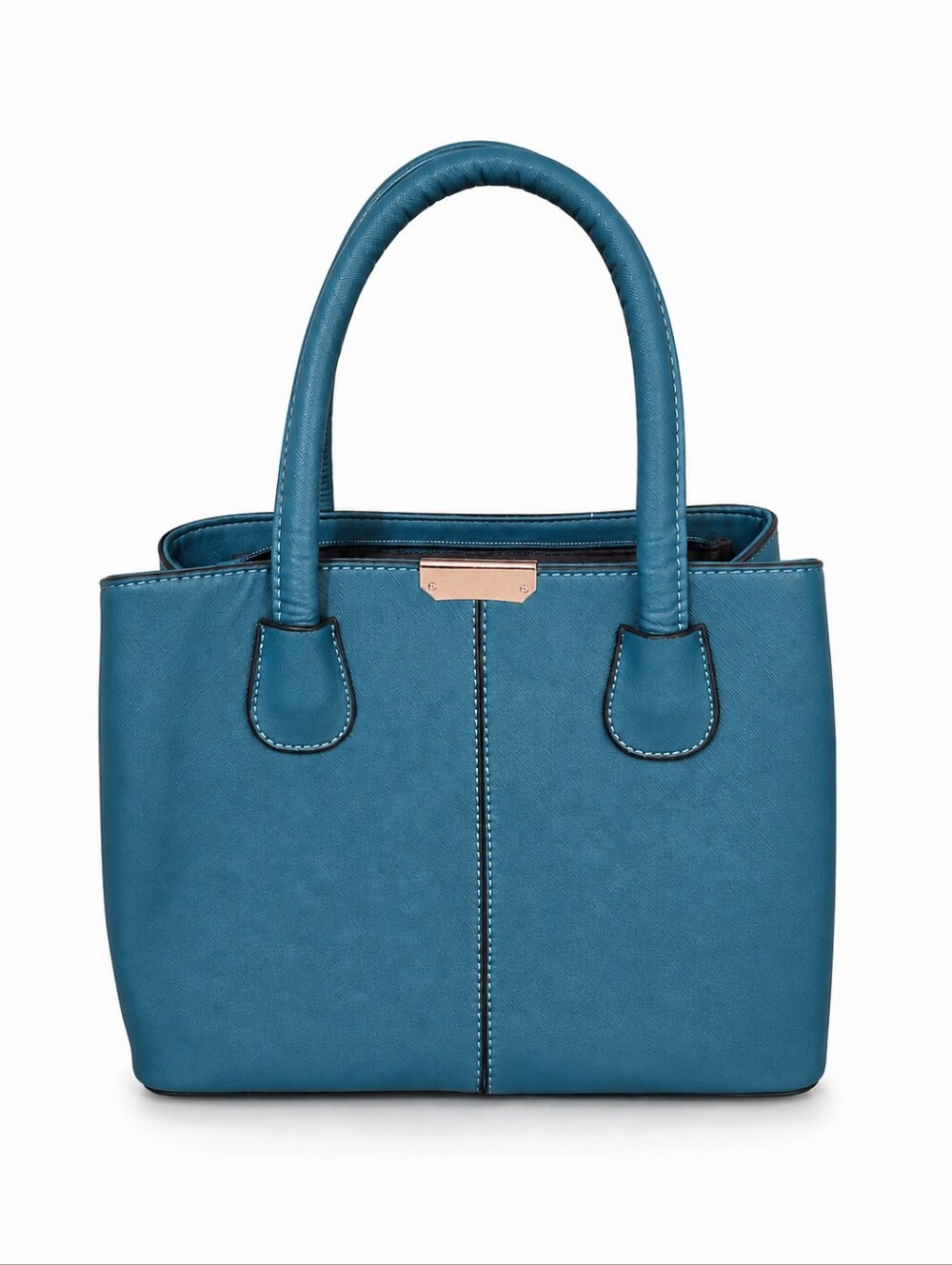 Teal Structured Handbag, Gold Accents - Picture 2 of 8